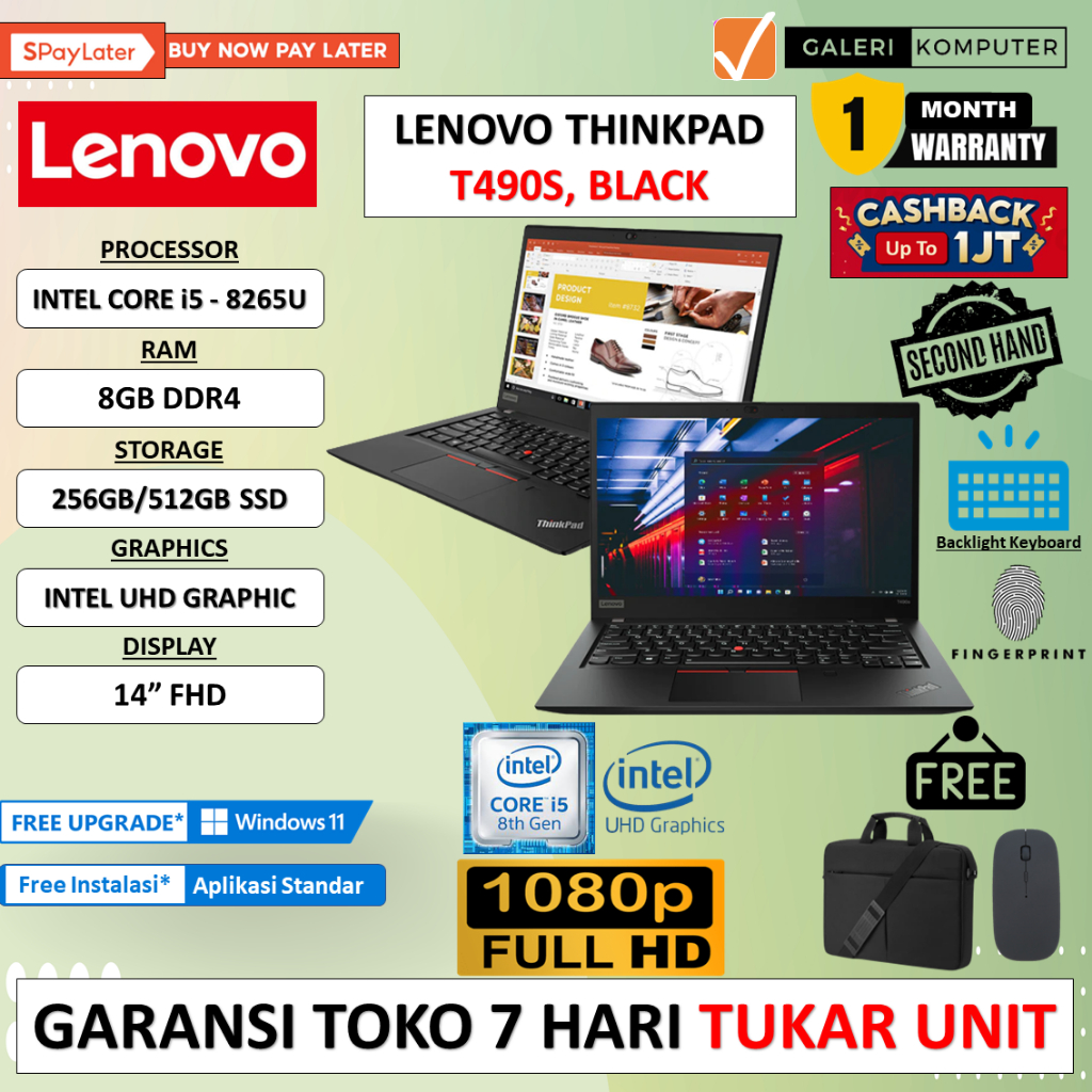 LAPTOP MURAH LENOVO THINKPAD T490S INTEL CORE i5 - 8265U 8GB 512GB WINDOWS 10 PRO