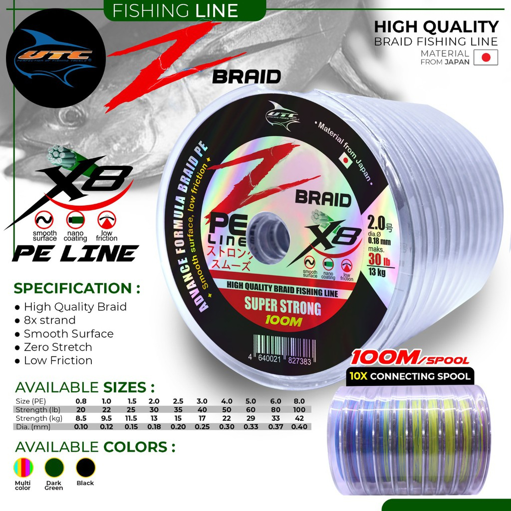 Senar Benang Pancing PE UTC Utecate Z-Braid X8 Halus (PE 1 - PE 6) 100M/Roll Konekting - Engkus Fishing