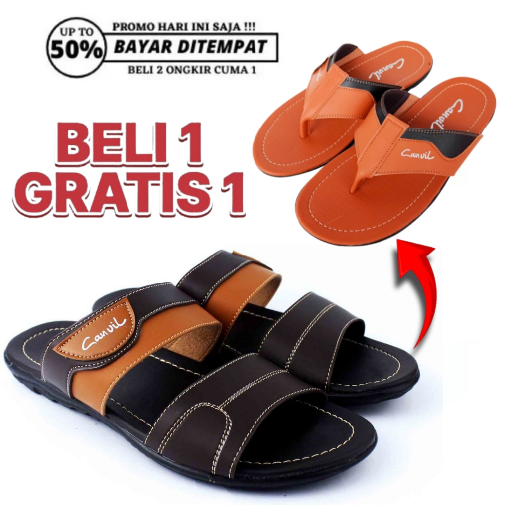 Sandal Slop Pria Wanita Kulit Kekinian BELI 1 GRATIS 1