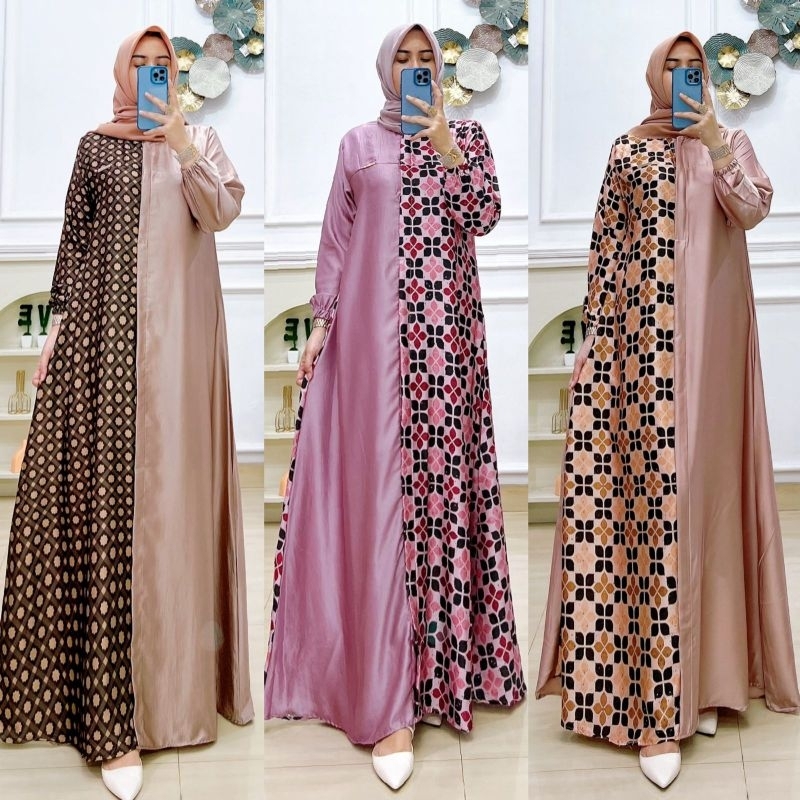 gamis silky kombinasi bahan sutra halus