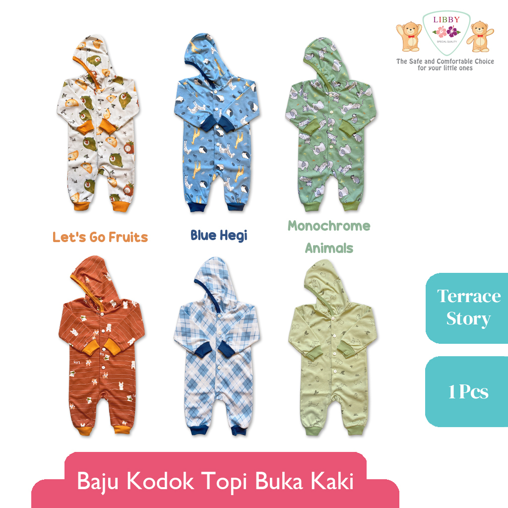 LIBBY Baju Kodok Panjang Buka Kaki/Tutup Kaki Pakai Topi Motif Summer Games/Terrace Story (1 pcs) Motif Terbaru By Libby