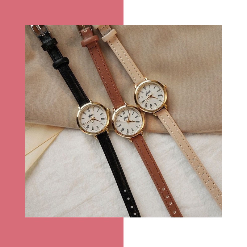 Jam Tangan Quartz Strap PU Analog Casual Gaya BULAT RETRO Wanita Bulat Watch Korean Fashion