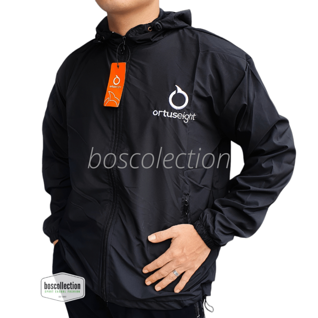 Jaket Parasut Ortus Hitam Logo Putih / Jaket Olahraga