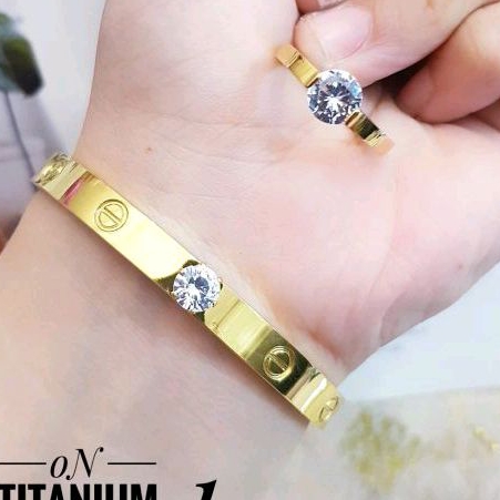 Gelang Set Cincin Permata Satu Titanium Gold Awet Anti Karat 105a4