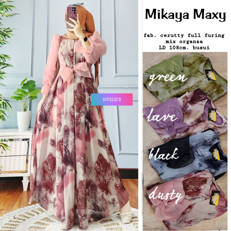 MIKAYA MAXY DRESS WANITA BAHAN CERUTY FULL FURING MIX ORGANZA LD 108 BUSUI BY VINSTORE