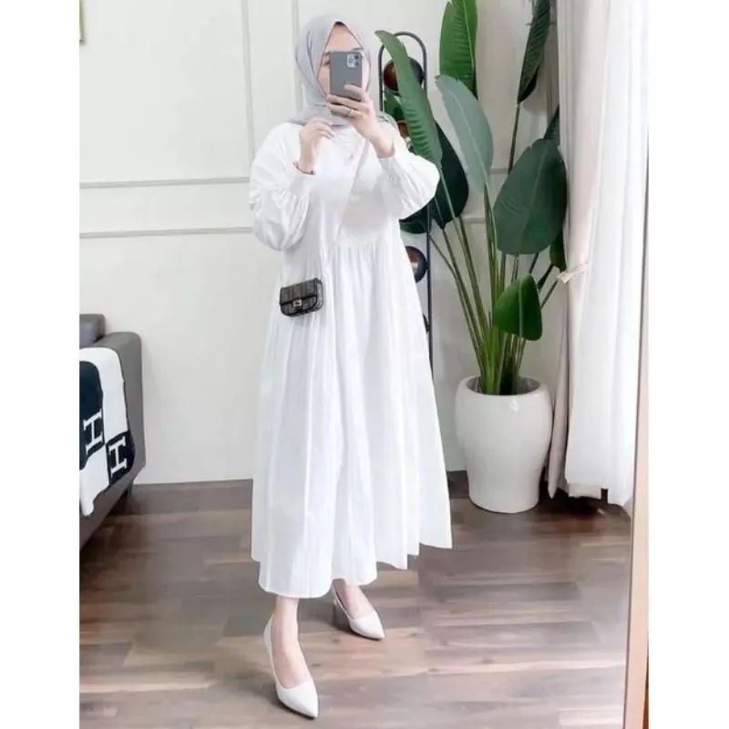 UKURAN S M L XL BAJU MIDI CRINCLE AIRFLOW SNOWY WHITE MIDI PUTIH POLOS