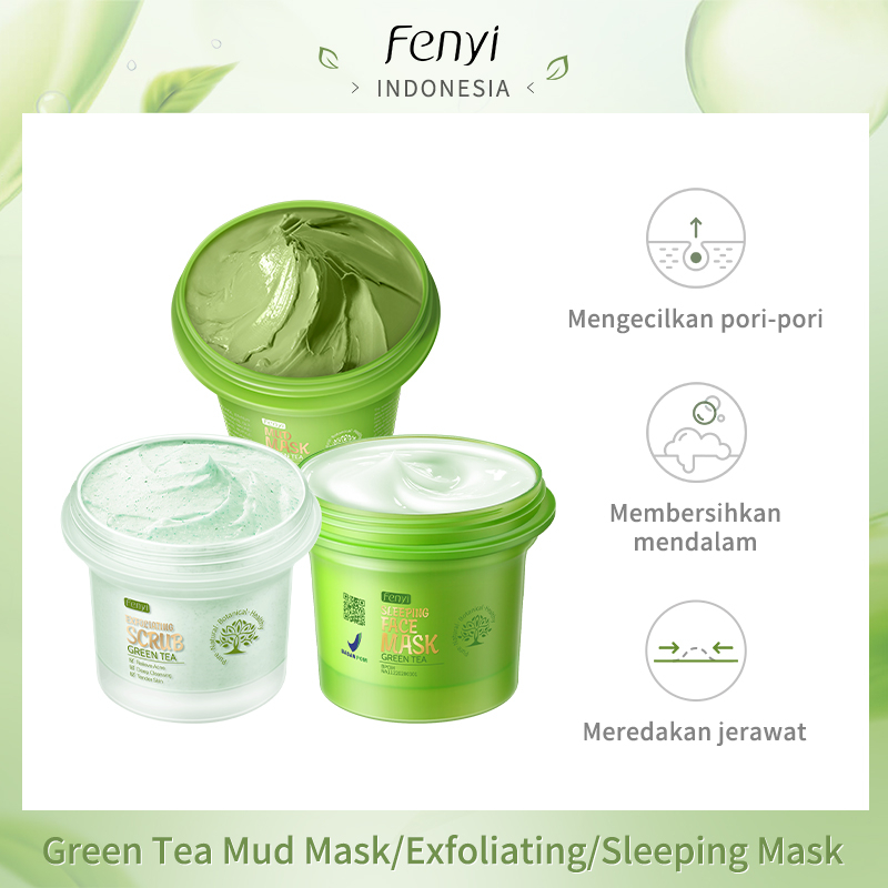 BPOM Fenyi Green Tea Sleeping Mask Mengurangi Jerawat Exfoliating Face Scrub Mud Mask 3pcs/Set