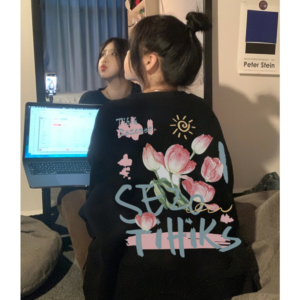 sweater oversize korea lengan panjang back rose motif graffiti print sweater hitam basic sweater crewneck