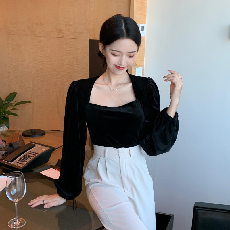 Kemeja lengan panjang retro fashion korea atasan off-shoulder beludru hitam wanita blouse baju atasan wanita velvet