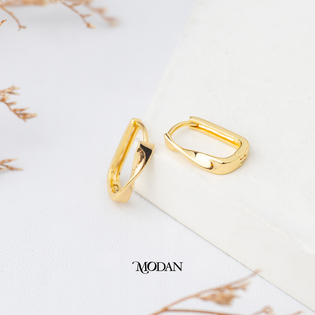 Modan - Simple Minimalist Plain Rectangular Geometric Hoop Gold Filled / White Gold Filled Earrings 