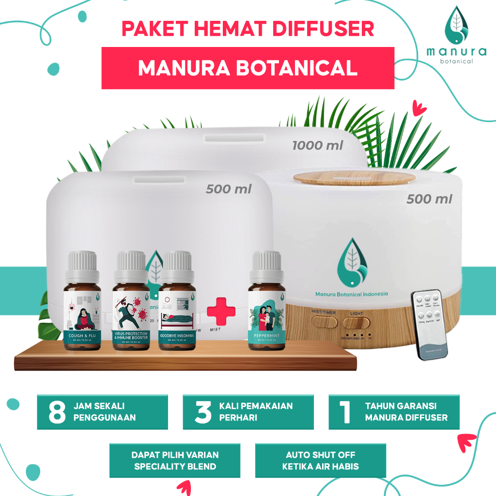 [PAKET HEMAT] DIFFUSER &amp; 4 MANURA ESSENTIAL OIL AROMATHERAPY HUMIDIFIER UKURAN 500ML/1000 ML