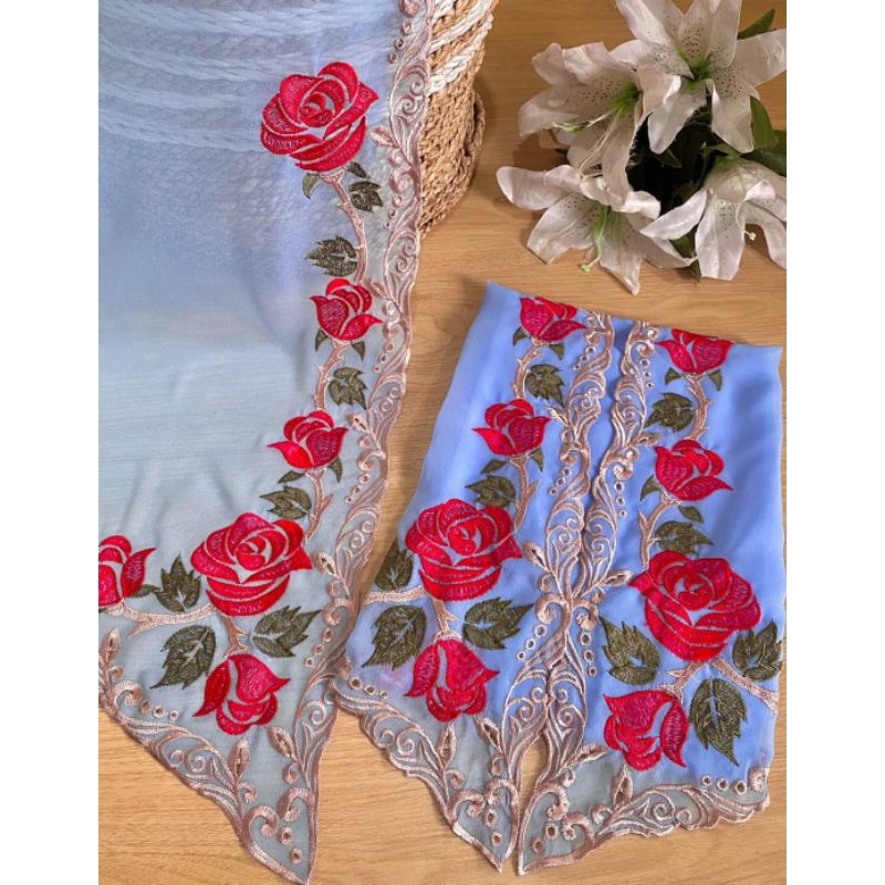 Kain Bordir Creff Motif Mawar Kombinasi Warna Ice Blue