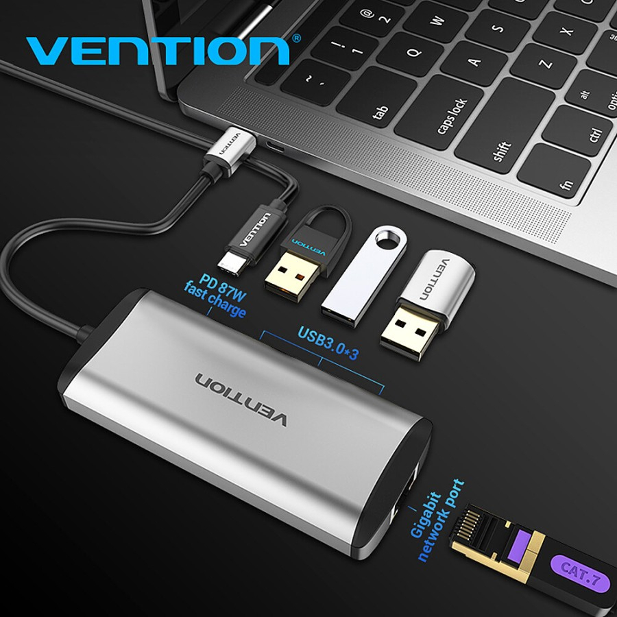 Vention [TGD] USB Type C to USB3.0 Hub Multiport to RJ45 LAN Ethernet