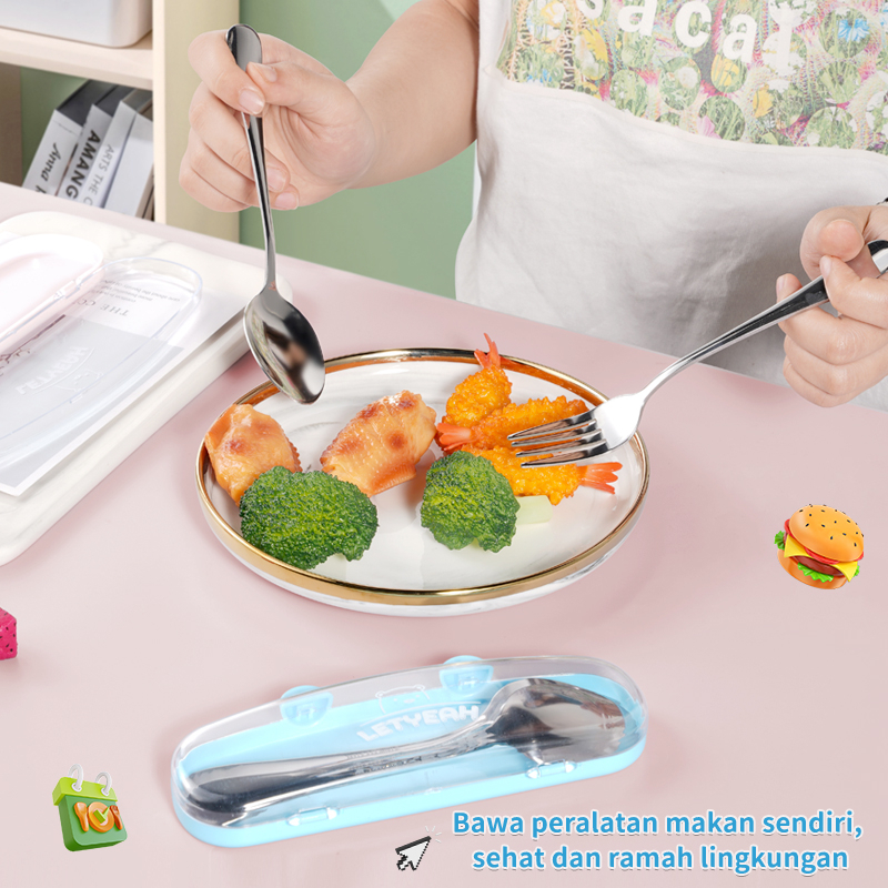 Letyeah &amp; Anantagt Alat makan garpu portabel / garpu Sendok set travel BPA free / Cutlery Set Stainless Steel