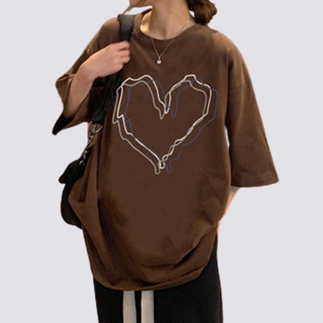 XIAOZHAINV Kaos Atasan Wanita Heart Pattern Lengan Pendek Cokelat 0076