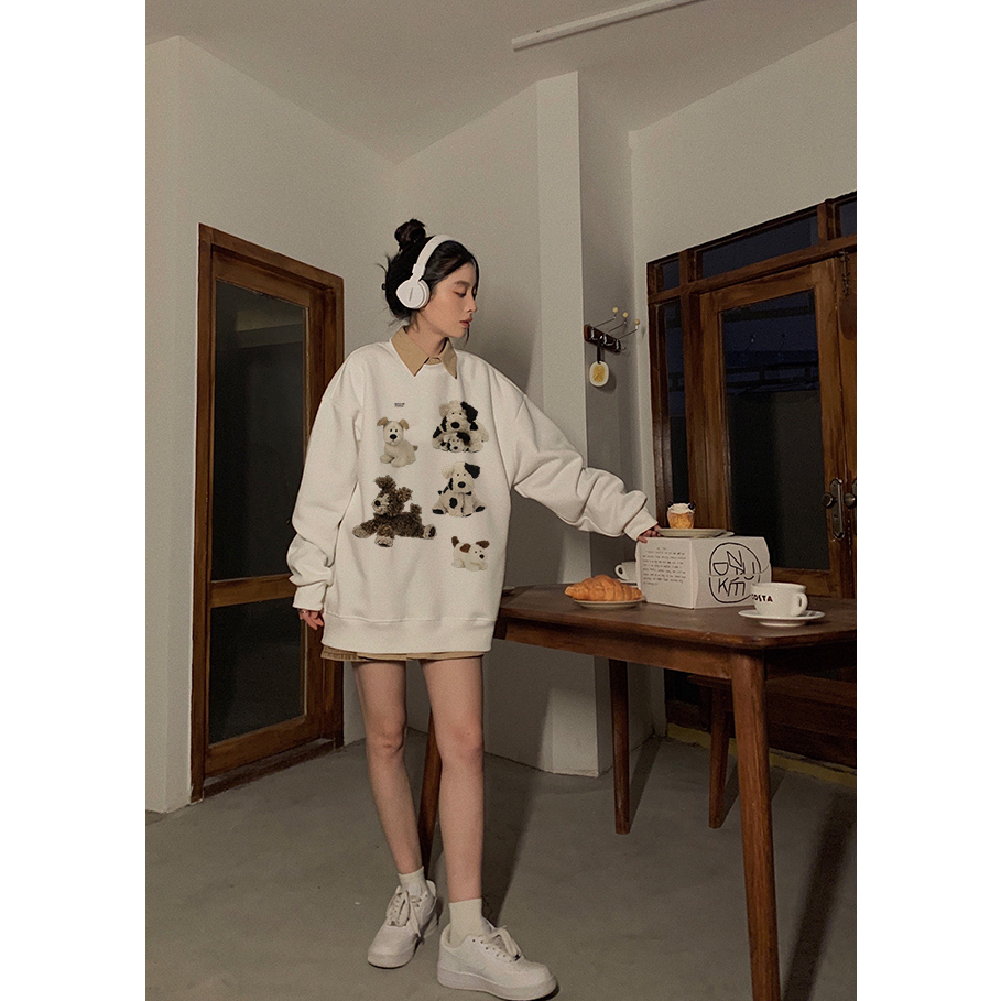 EUNII Sweater Lengan Panjang Cartoon Cow Dog Korean Style/Sweater Crop/Baju Wanita/Switer Wanita/Switer