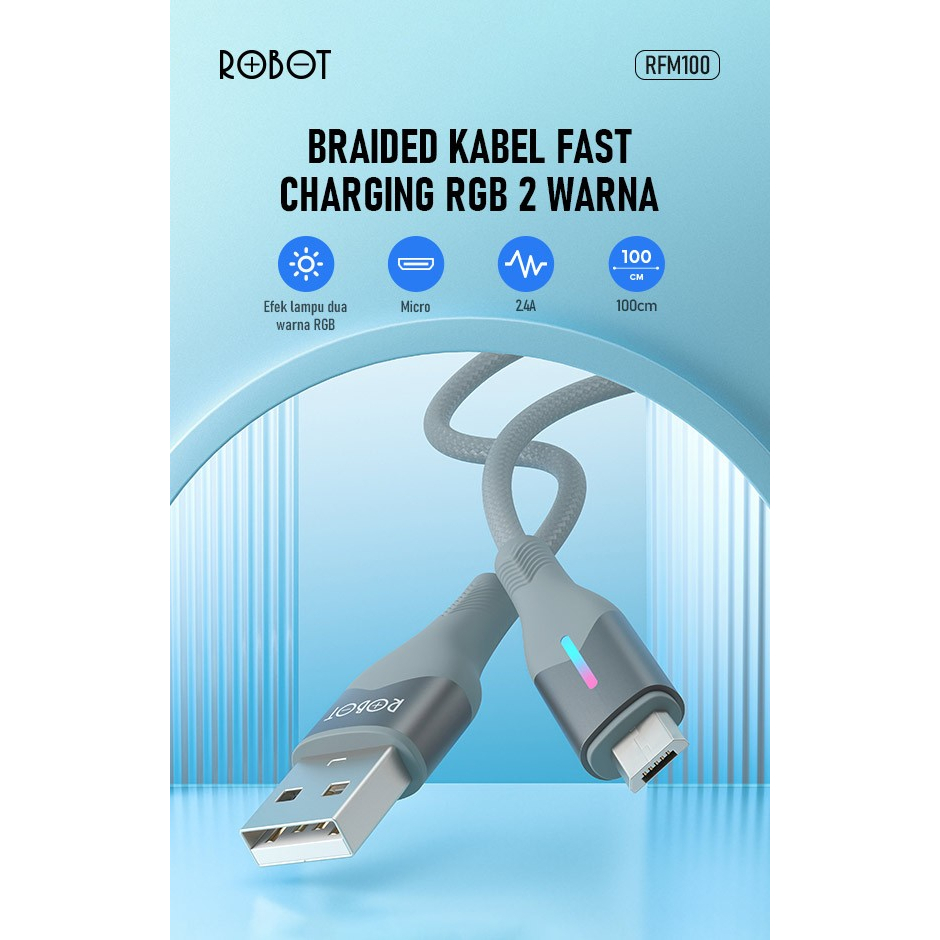 Robot RFM100 Micro USB Braided Kabel Data Cable 2.4A RGB LED Light