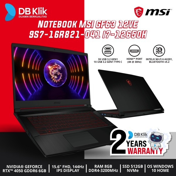 Notebook MSI GF63 12VE 9S7-16R821-041 i7-12650H 8/512 RTX4050 W10 15.6