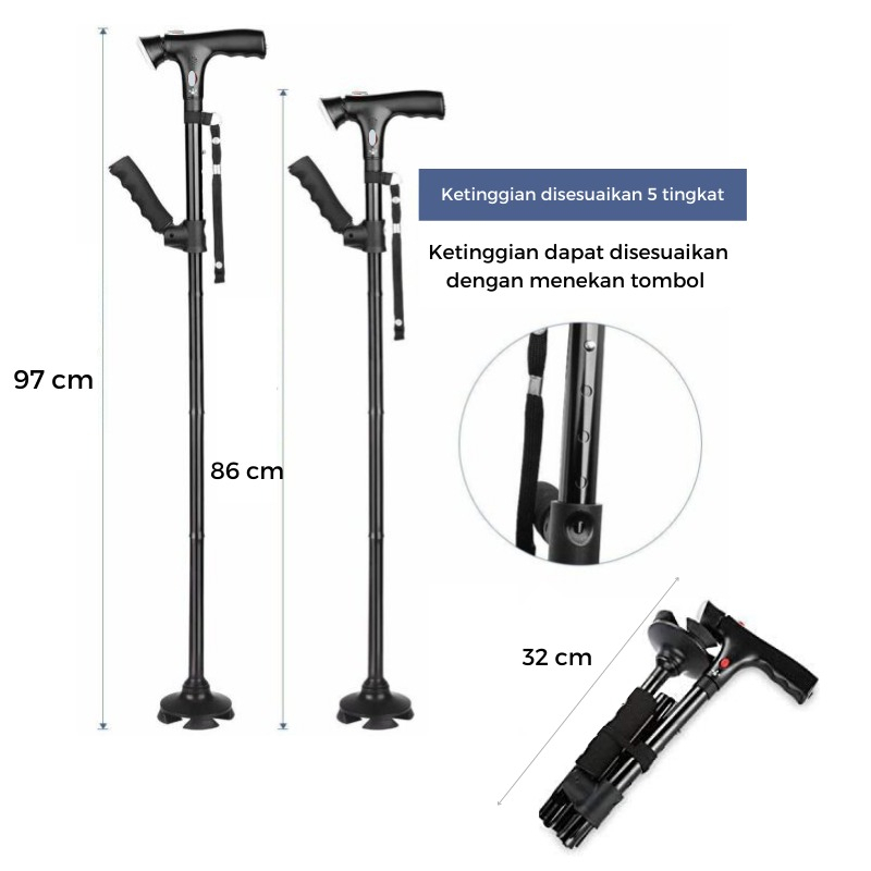 Twin Grip Cane -  Alat Bantu Jalan Tongkat Lipat dengan Lampu dan Alarm