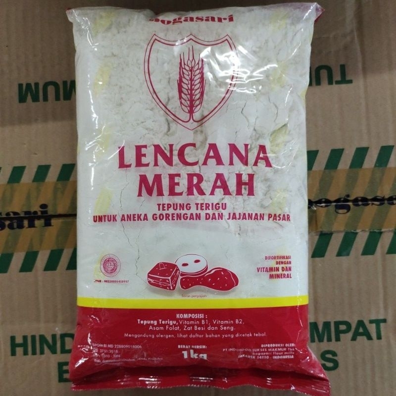 

TEPUNG TERIGU LENCANA MERAH 1KG KEMASAN PABRIK UNTUK GORENGAN TERIGU PROTEIN RENDAH