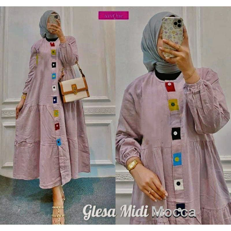 Glesa Midi Dress Crinkle Premium Kancing Wanita Dewasa Busui Friendly | Dress Muslim Jumbo Adem Lembut Dingin