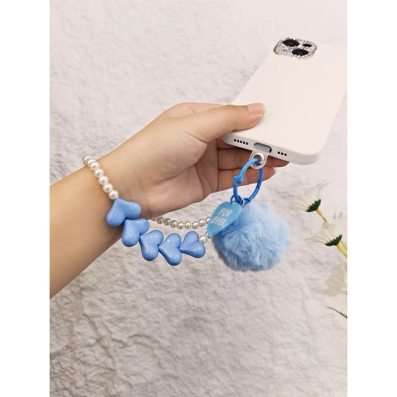 5 Heart &amp; Pom Pom Cantolan Tali Gantungan HP Universal Airpods Phone Key Chain Lanyard Lucu