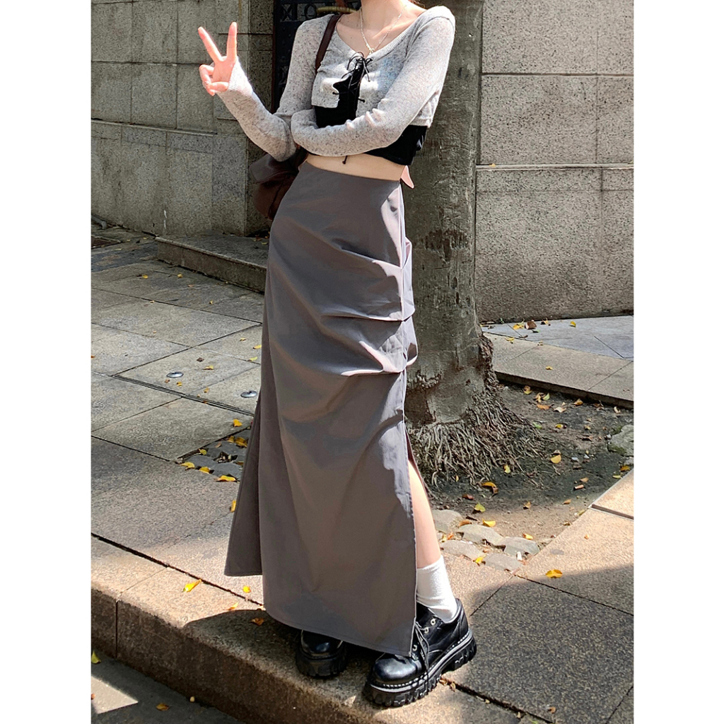 Skirt Korean Style Split High Waist Rok Plisket Panjang Polos