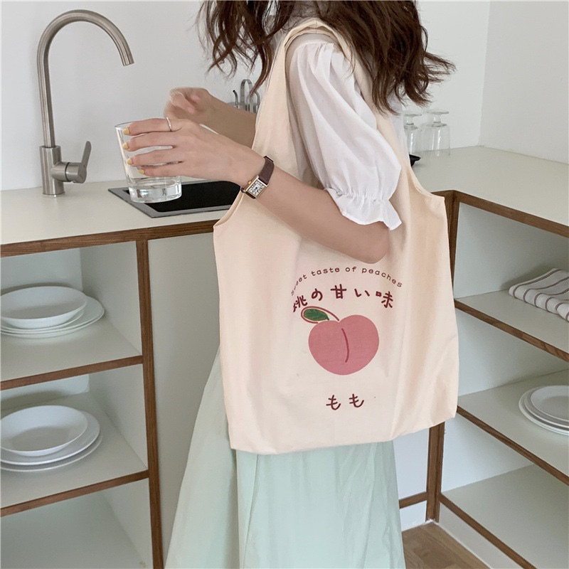 peach korean totebag / tas tote bag fashion wanita korea kain motif gambar lucu kekinian ukuran besar murah premium berkualitas TAS17