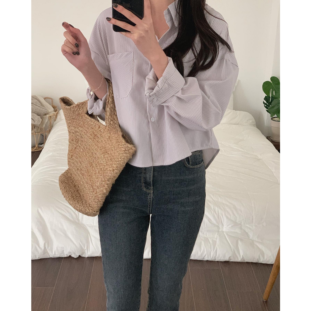 XIAOZHAINV Kemeja Bergaris Casual Longgar Lengan Panjang Wanita Korean Style 0771