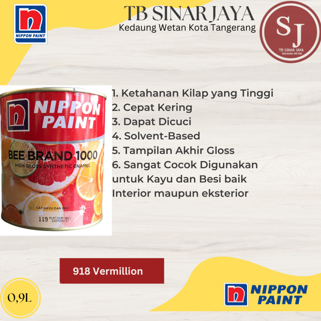 Cat Kayu dan Besi BEE BRAND 1000 Nippon Paint Cat Minyak 0.9L - 918 Vermillion