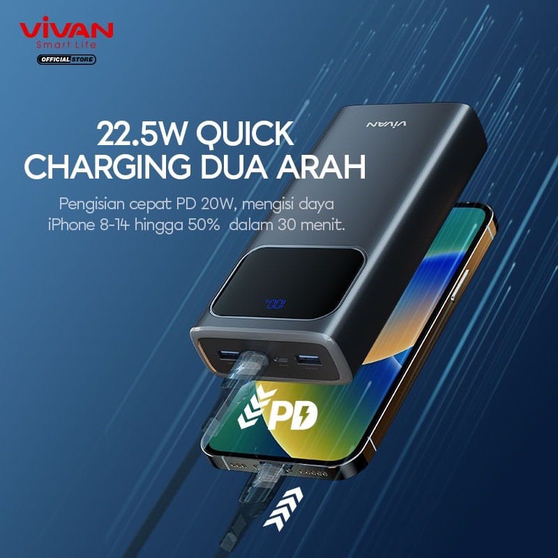 A_  Vivan Power Bank VPB-C20 Powerbank 20000mAh 3 Output Fast Charging 22.5W PD QC 3.0 Support VOOC Garansi Original Resmi