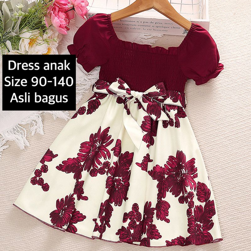 (LOLI-JKT) BD-418 DRES SABRINA ANAK MAROON FLOWER FREE BELT SIZE 90-140