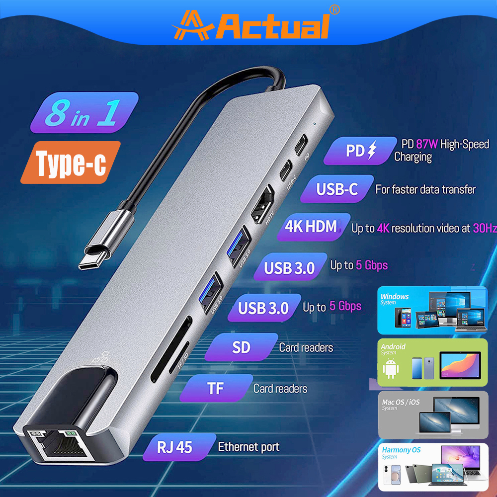 Actual【COD】USB C Hub Type-C 3.1 to 4K Compatible RJ45 USB SD/TF Card Reader PD Fast Charge 8-in-1 USB Dock