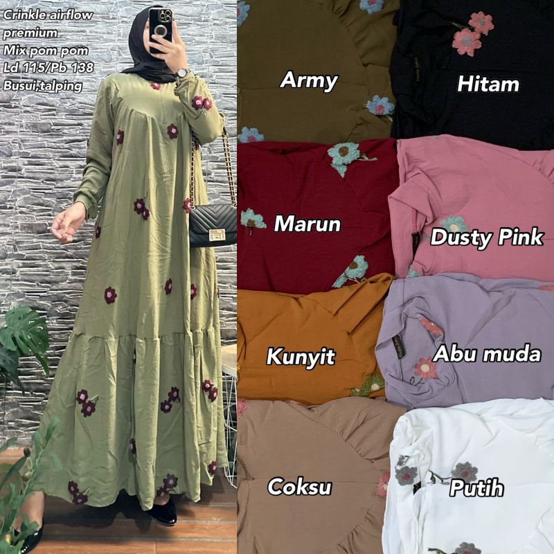 Gamis Crinkle airflow Premium mix Pom Pom