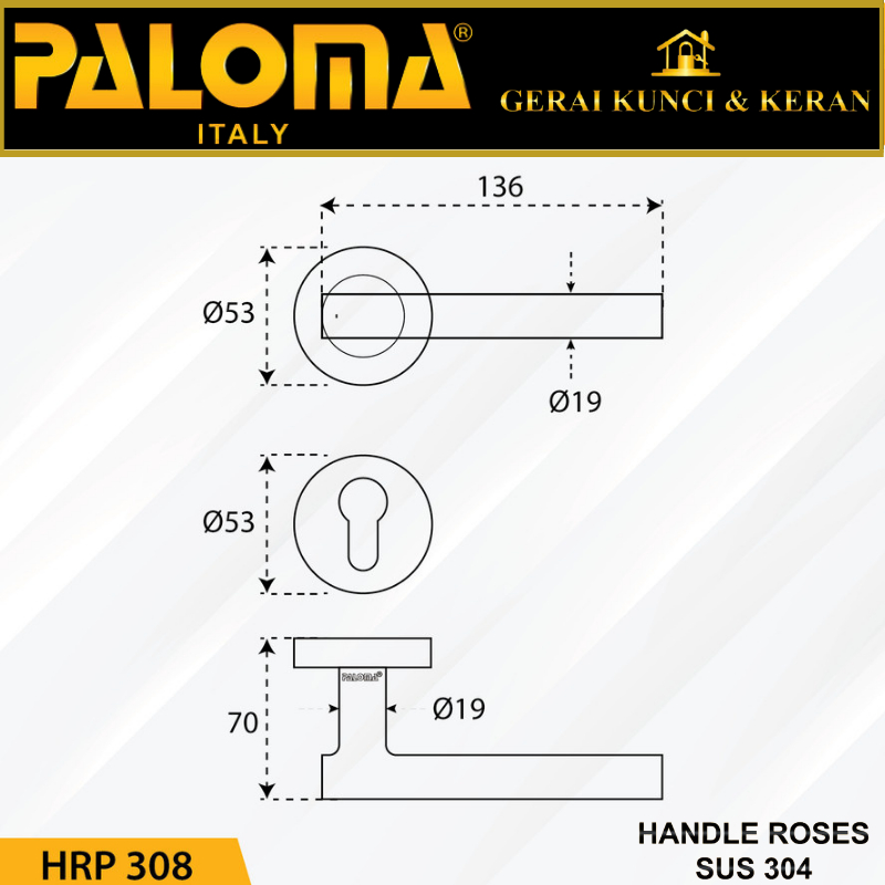 Handle Pintu Roses PALOMA HRP 308 LHT VIDIC SS STAINLESS STEEL