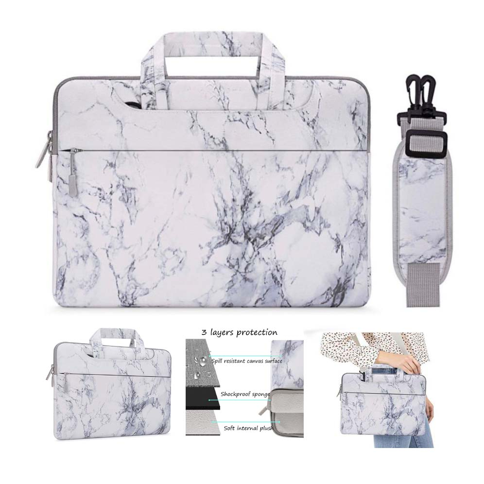 Tas Laptop Selempang Mosiso Shoulder Strap White Marble Size 13 14 15 16 inch