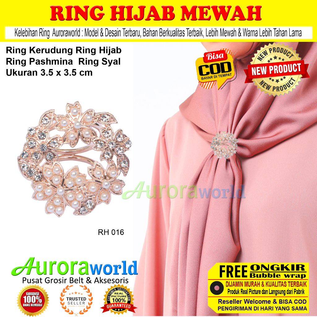 Auroraworld Ring kerudung hijab bros ring syal permata Ring Pashmina Berlian mutiara Mewah bros cincin kerudung scarf fashion terbaru anti karat