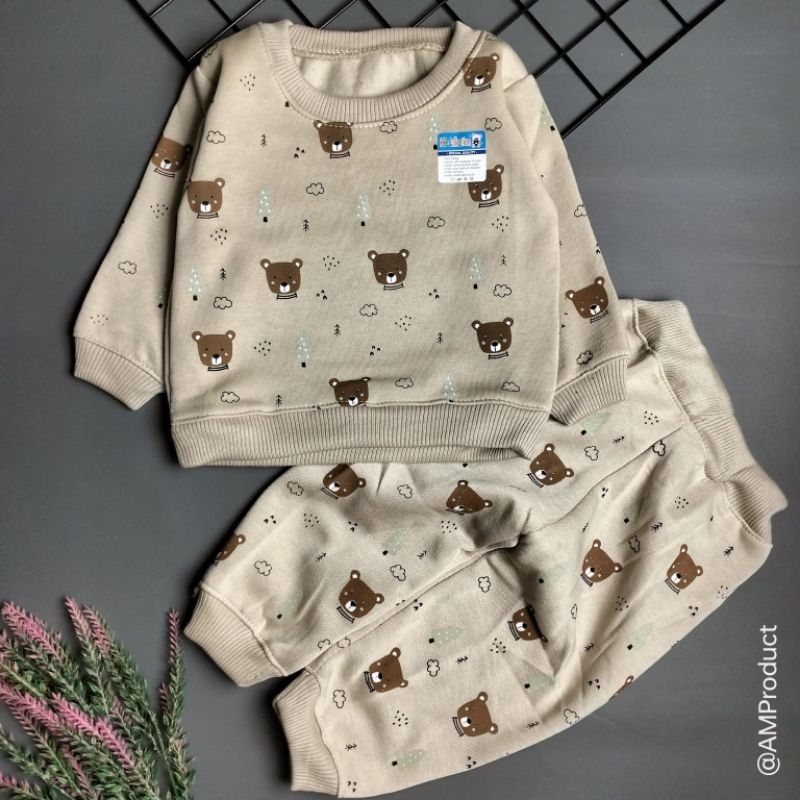 setelan sweater piyama bayi fleece 3-12 bulan motif bear mountain