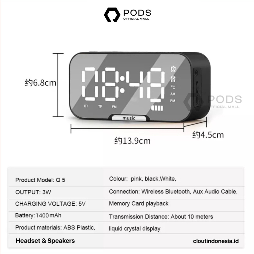 Pods 3 in 1 Speaker Bluetooth 5.0 Jam Alarm LED Display Ultra Bass