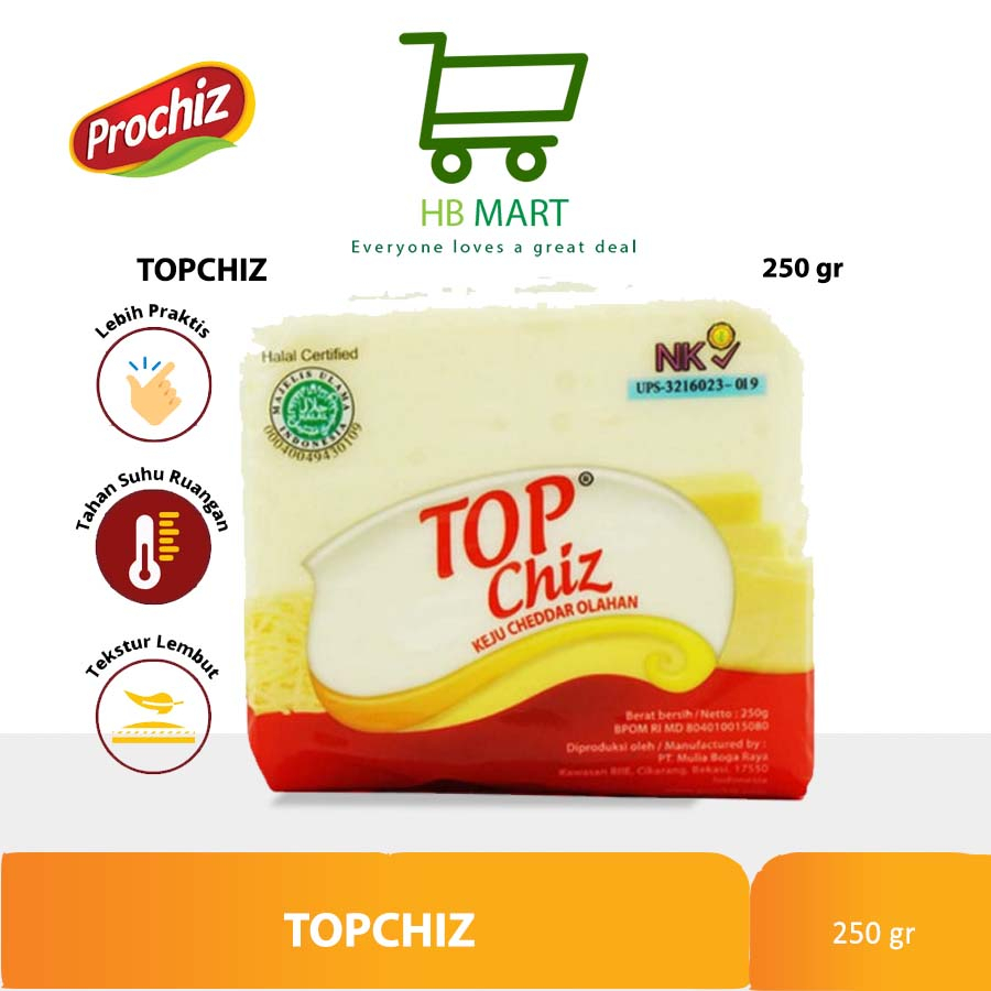 

Top Chiz Keju Cheddar Olahan 250Gr / Keju Prochiz Top Chiz / Keju TOPCHIZ 250 Gr