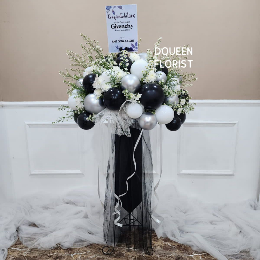 Dqueen Florist - Standing Flower Karangan Bunga Ucapan Congratulations Grand Opening Birthday Wedding Nuansa Hitam Putih Silver