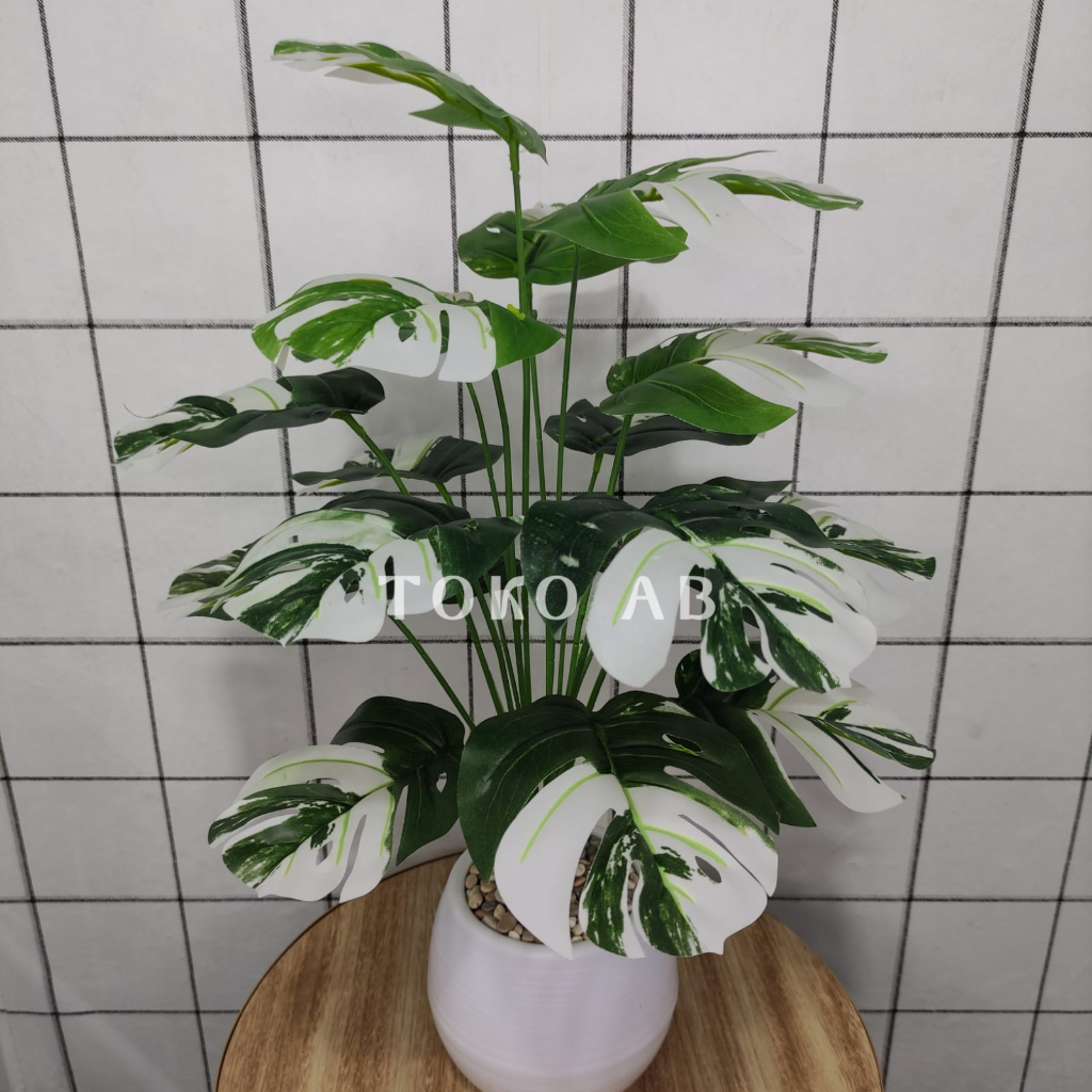 B8123 BUNGA PLASTIK MONSTERA VARIEGATA KECIL D18T48 TANAMAN ARTIFICIAL DEKORASI RUMAH DAUN MONSTERA VARIGATA