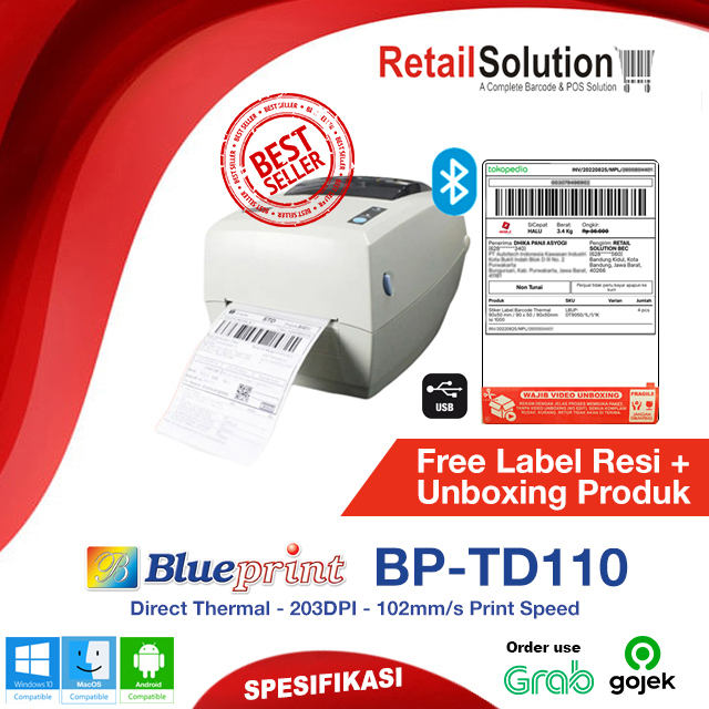 Printer Barcode Label Thermal USB Bluetooth - Blueprint TD110 / TD-110