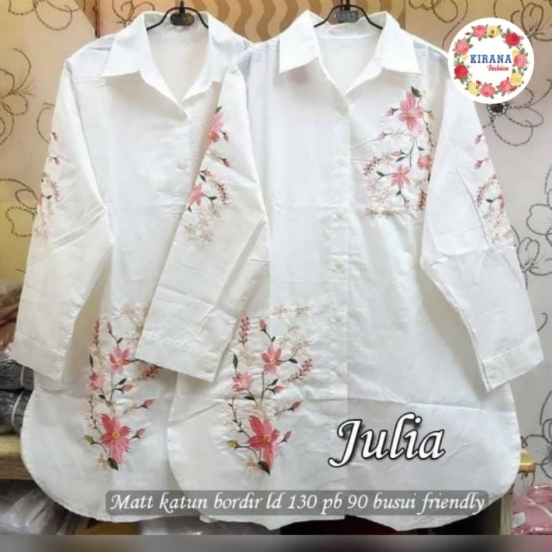 Julia Kemeja Tunik Balon White Putih Polos Katun Import Bordir Bunga Ld 130 Jumbo Fit XXXL By Kirana