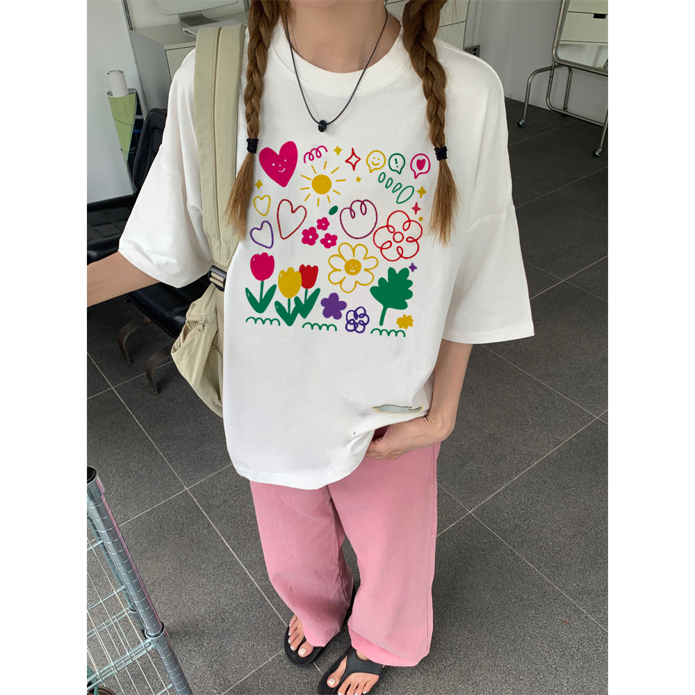 EUNII T-shirt Lengan Pendek Cartoon Color Painting Printing Korean Style/Kaos Atasan Wanita/Baju Wanita/Kaos Wanita