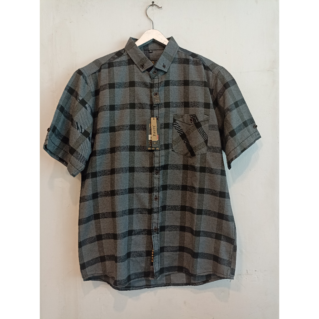 Baju Kemeja Flannel Kotak - Kotak Pria Dewasa Lengan Pendek PAVEL Abu Hitam