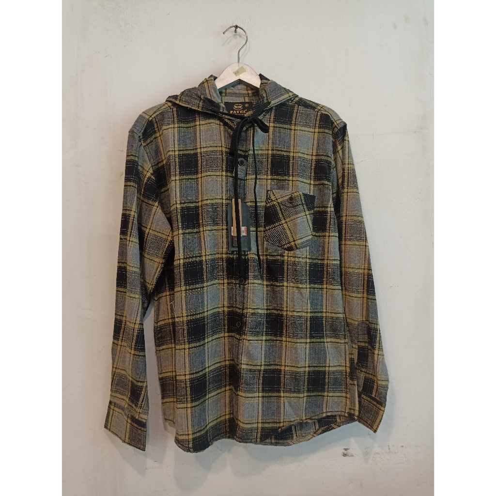 Baju Kemeja Flannel Kupluk Pria Dewasa Lengan Panjang Pavel Putih Kotak Kuning