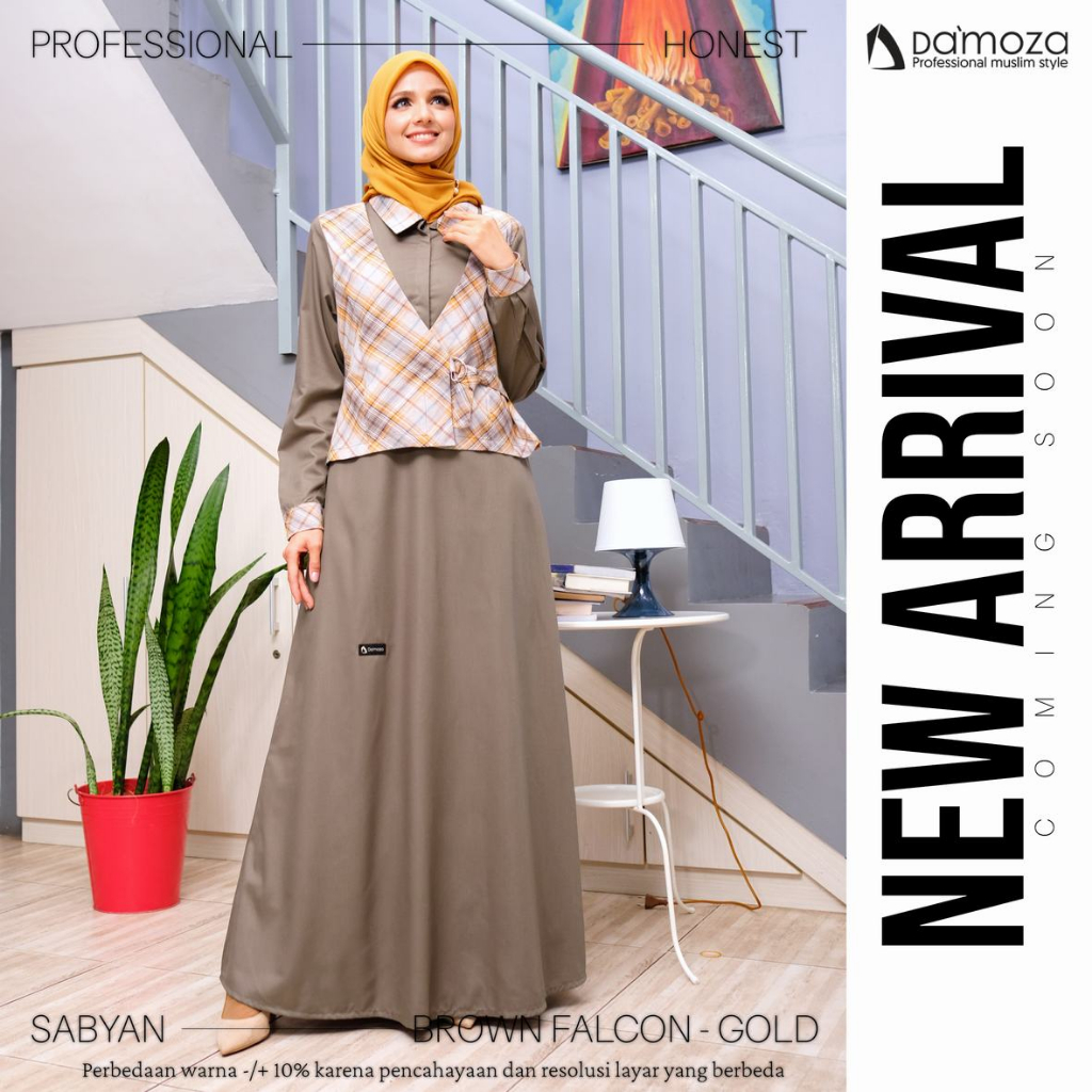 Damoza-Gamis Sabyan Brown Cotton Look Linen Dress Dewasa Muslimah Kerja Semi Formal Tampak 2 Pieces Blazer Simpel Kuliah Kombinasi Polos Motif Kotak