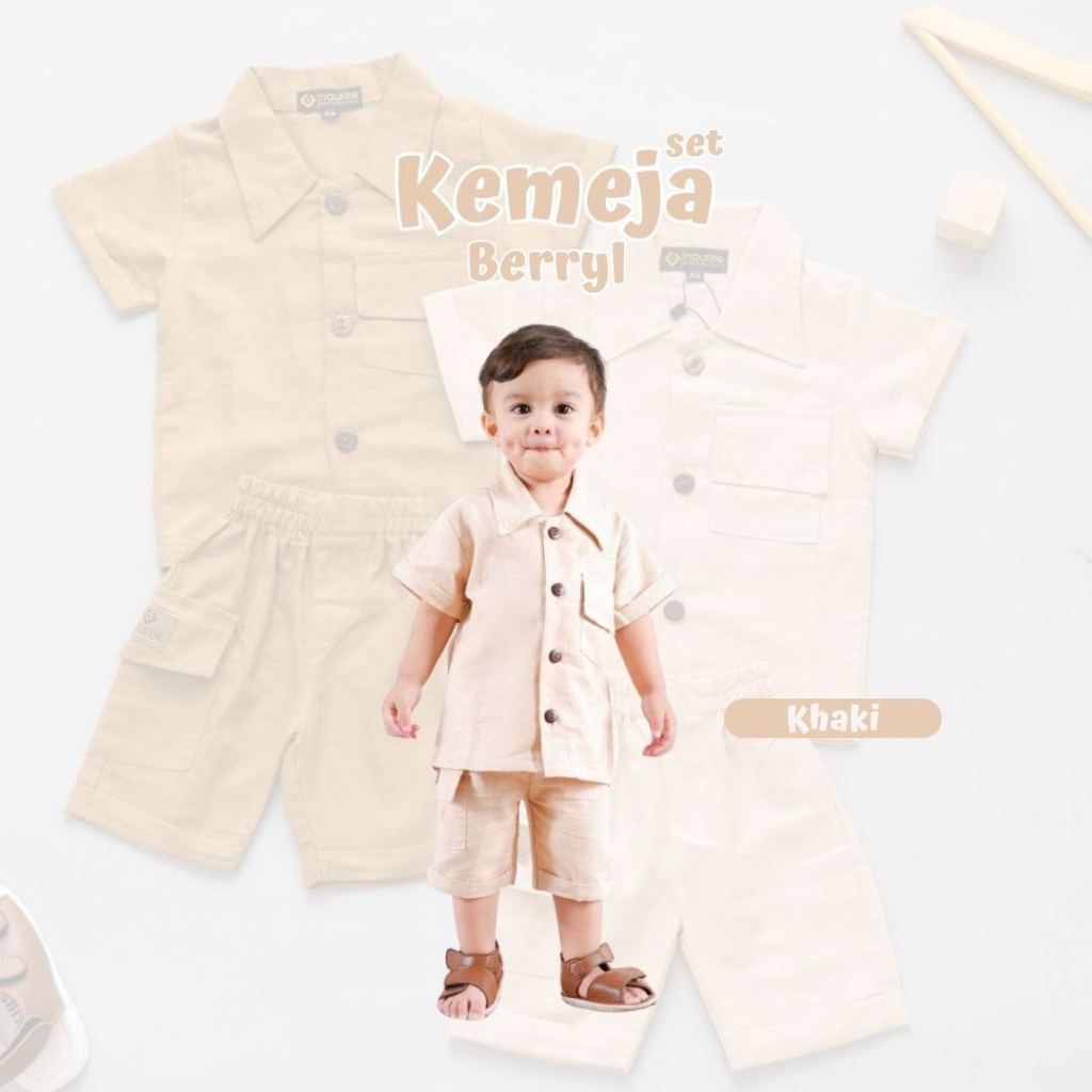 Nauree - Setelan Kemeja Berryl Celana Pendek Selutut Untuk Umur 3 Bulan 1 2 4 5 6 Tahun Bahan Katun Linen Tampil Modis Stylish Nyaman Tersedia Kantong dan Saku Tebal Kualitas Premium