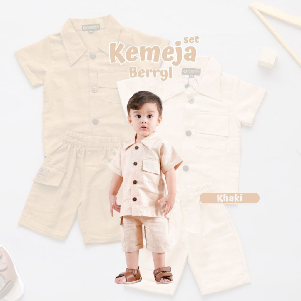 Nauree - Setelan Kemeja Berryl Celana Pendek Selutut Untuk Umur 3 Bulan 1 2 4 5 6 Tahun Bahan Katun Linen Tampil Modis Stylish Nyaman Tersedia Kantong dan Saku Tebal Kualitas Premium